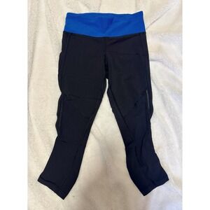 Lululemon Run Inspire Crop II Black Blue Stripe‎ Waistband Leggings Sz 2 Mesh